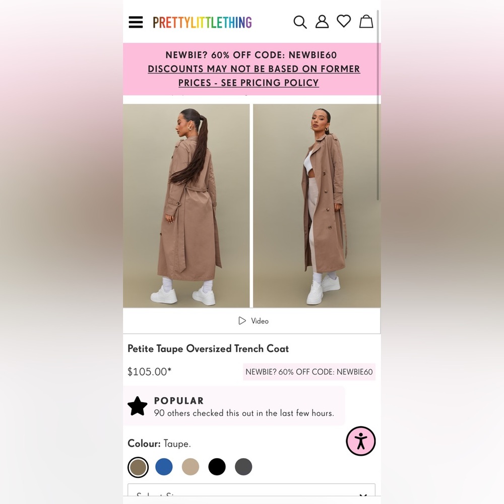 NWT.  PRETTYLITTLETHING Petite Stone Woven Oversized Trench Coat